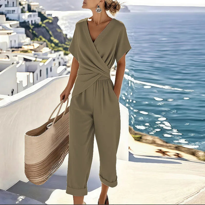 Women's two-piece set with wrap-front top and tapered trousers, summer coordinated outfit