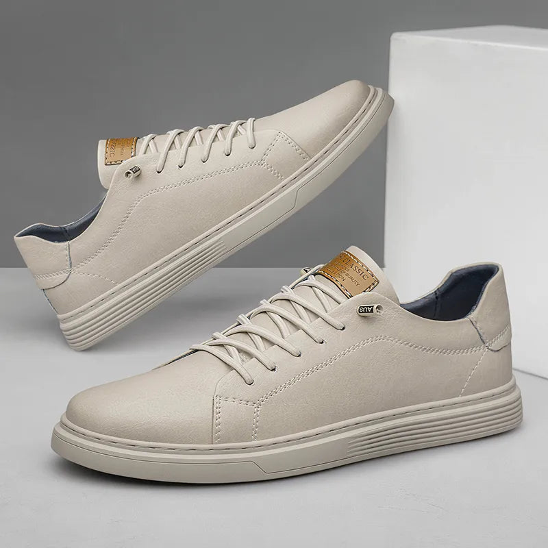 Men's faux leather sneakers with cushioned sole, casual lace-up in black, white and brown