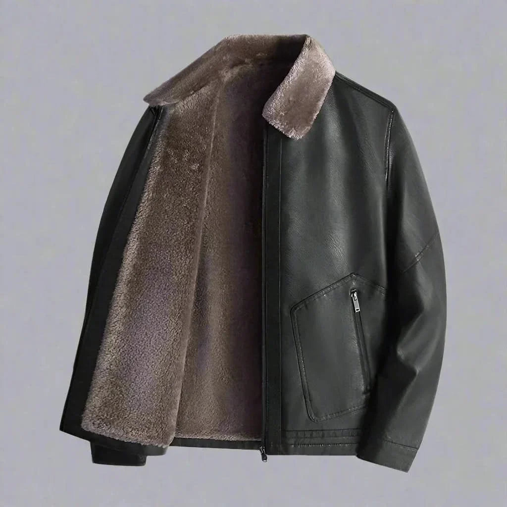 Men leather jacket fleece lined full zip with fleece collar