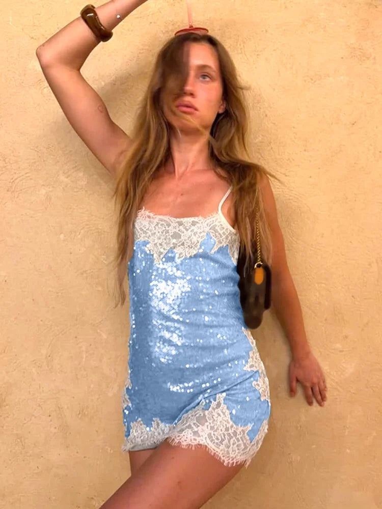Women Sequin Dress Sleeveless Bodycon Mini High Waist Sparkly