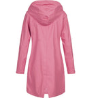 Women hooded long rain jacket A-line silhouette below knee length