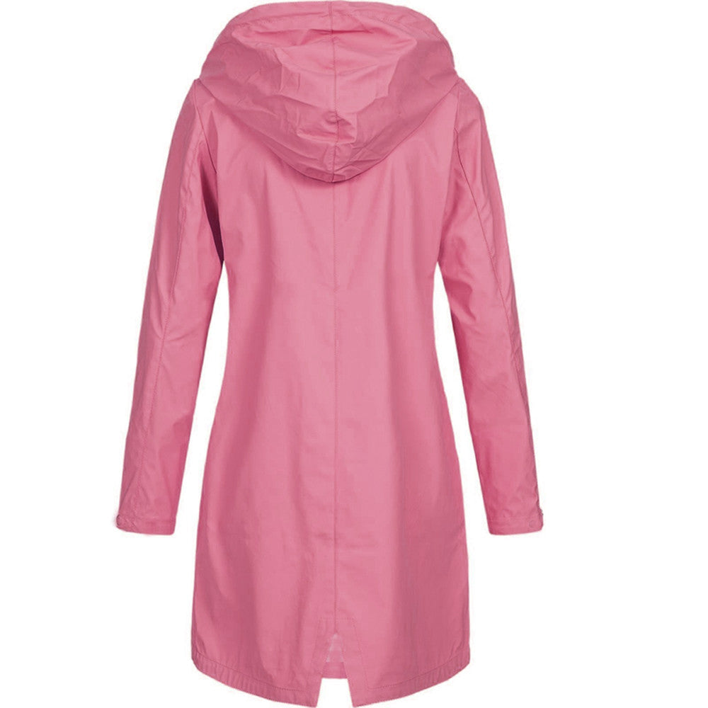 Women hooded long rain jacket A-line silhouette below knee length
