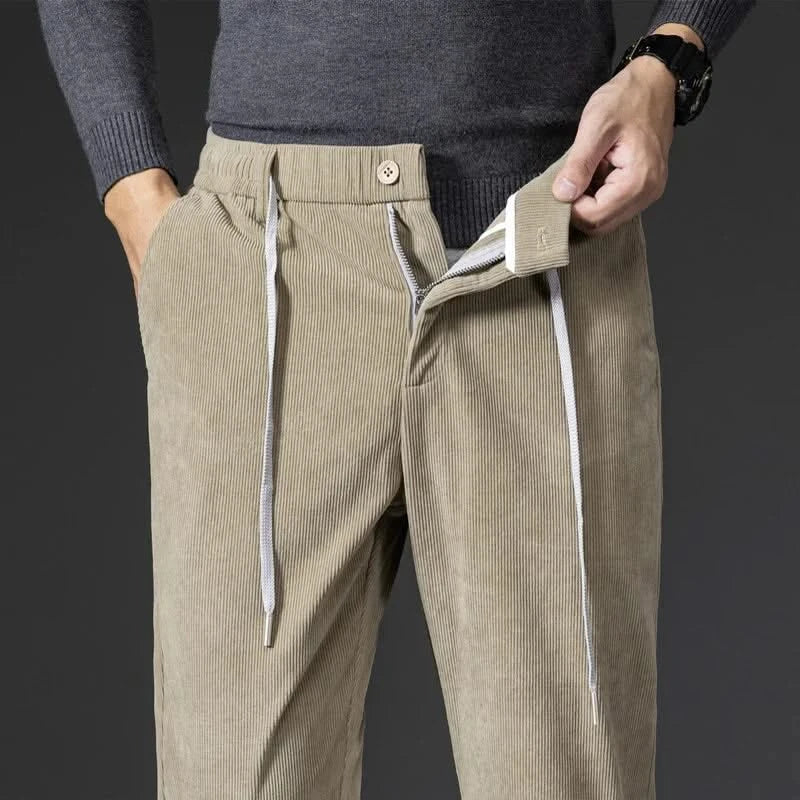 Men corduroy chinos tailored fit in khaki with drawstring waist