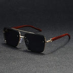 Metal frame square sunglasses gradient lenses UV protection vintage wooden arms