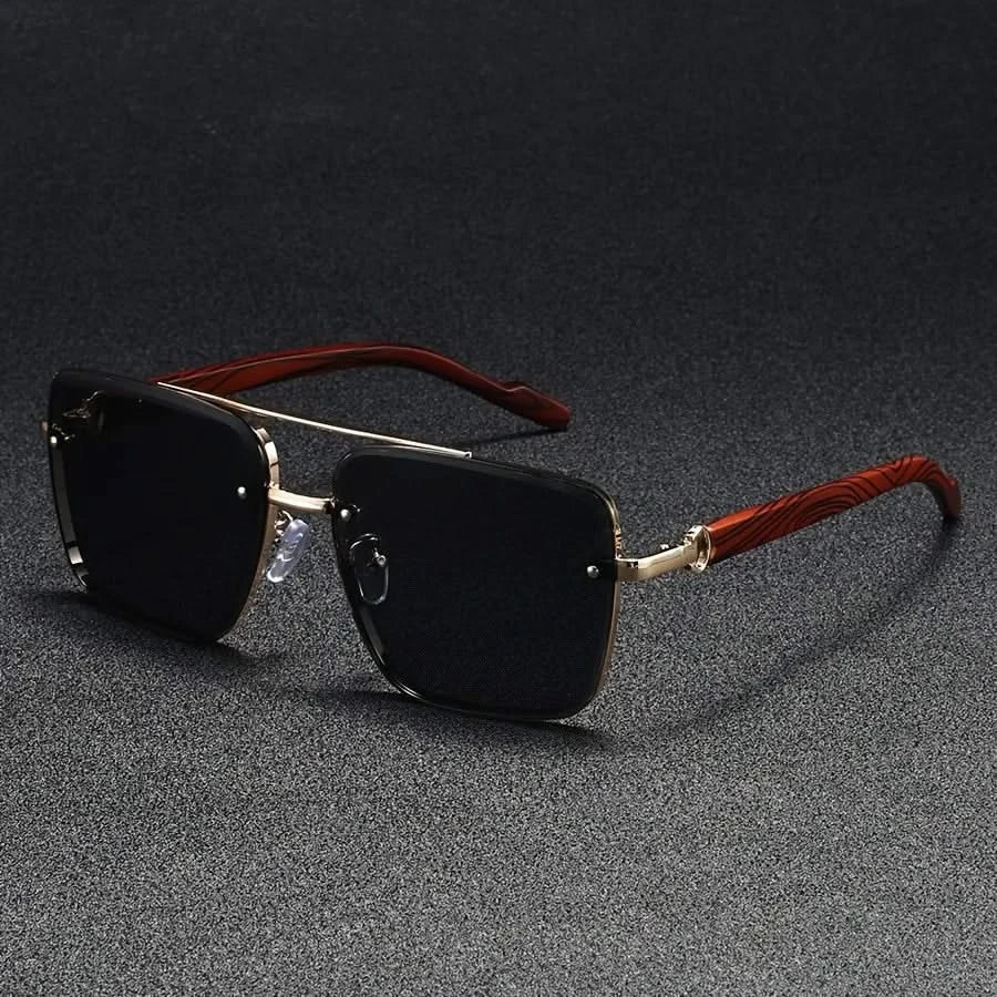 Metal frame square sunglasses gradient lenses UV protection vintage wooden arms