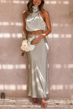 Women 2 piece satin maxi dress set with high draped neckline and flowing skirt