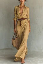Women's wrap maxi dress with long sleeves and self-tie waist, ankle length