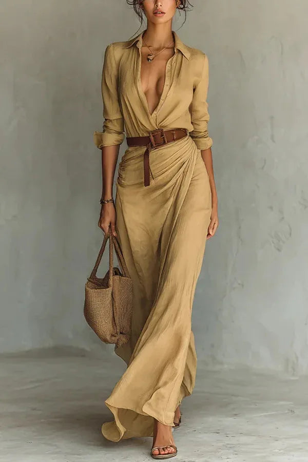 Women's wrap maxi dress with long sleeves and self-tie waist, ankle length