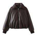 Women faux leather oversized bomber jacket with ribbed cuffs and soft lining