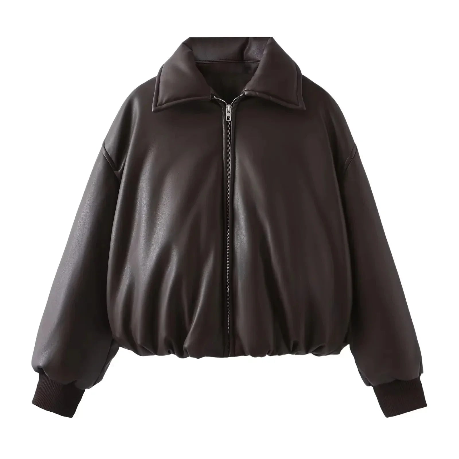 Women faux leather oversized bomber jacket with ribbed cuffs and soft lining
