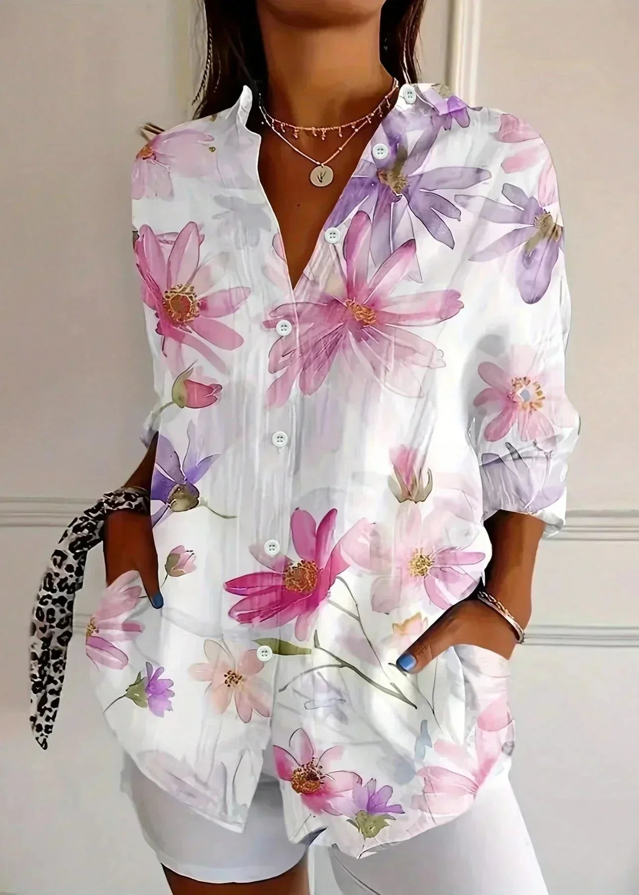Women's cotton printed blouse button-up front, lightweight summer casual top