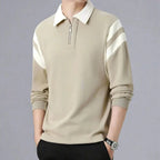 Men cotton blend long sleeve polo shirt with zipper collar and color-block design
