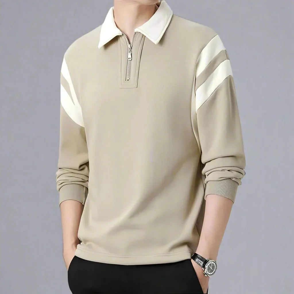 Men cotton blend long sleeve polo shirt with zipper collar and color-block design