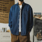 Denim button-up shirt relaxed fit with distressed finish in light blue