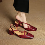 Women leather block heel pumps closed toe with adjustable buckle strap