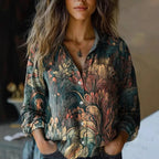 Women boho print long sleeve button-up blouse with lapel collar and paisley floral pattern