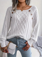 Women's winter cable knit pullover sweater with decorative button detail