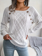 Women's winter cable knit pullover sweater with decorative button detail