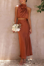 Women 2 piece satin maxi dress set with high draped neckline and flowing skirt