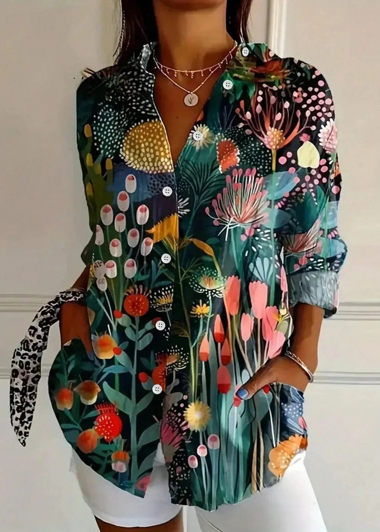Women's cotton printed blouse button-up front, lightweight summer casual top