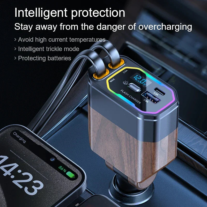 120W 4-in-1 retractable car charger with USB-C and cigarette lighter adapter