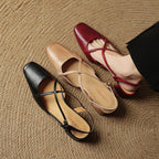 Women leather block heel pumps closed toe with adjustable buckle strap
