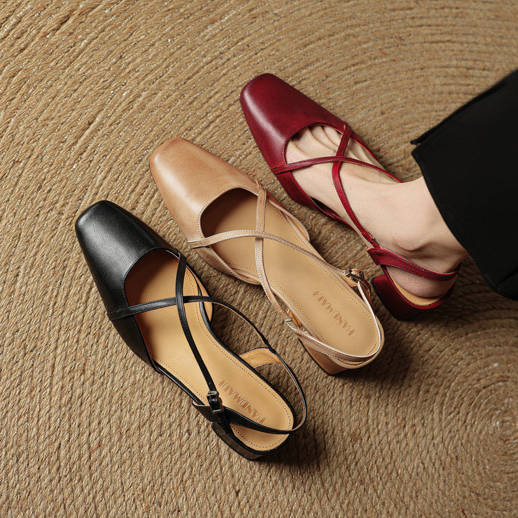 Women leather block heel pumps closed toe with adjustable buckle strap
