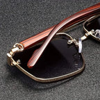 Metal frame square sunglasses gradient lenses UV protection vintage wooden arms