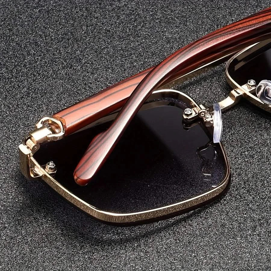 Metal frame square sunglasses gradient lenses UV protection vintage wooden arms