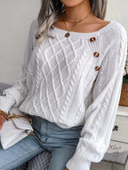 Women's winter cable knit pullover sweater with decorative button detail