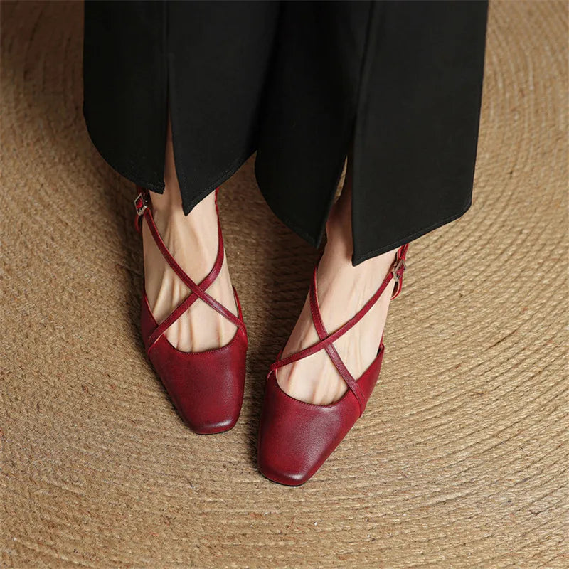 Women leather block heel pumps closed toe with adjustable buckle strap