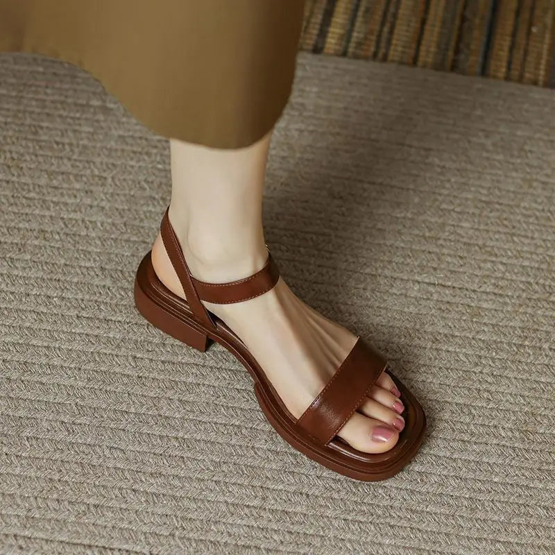 Women vegan leather block heel sandals with adjustable ankle strap