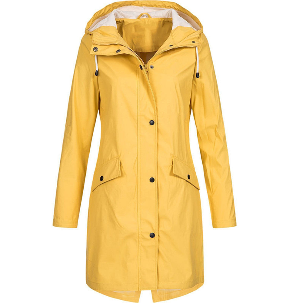 Women hooded long rain jacket A-line silhouette below knee length