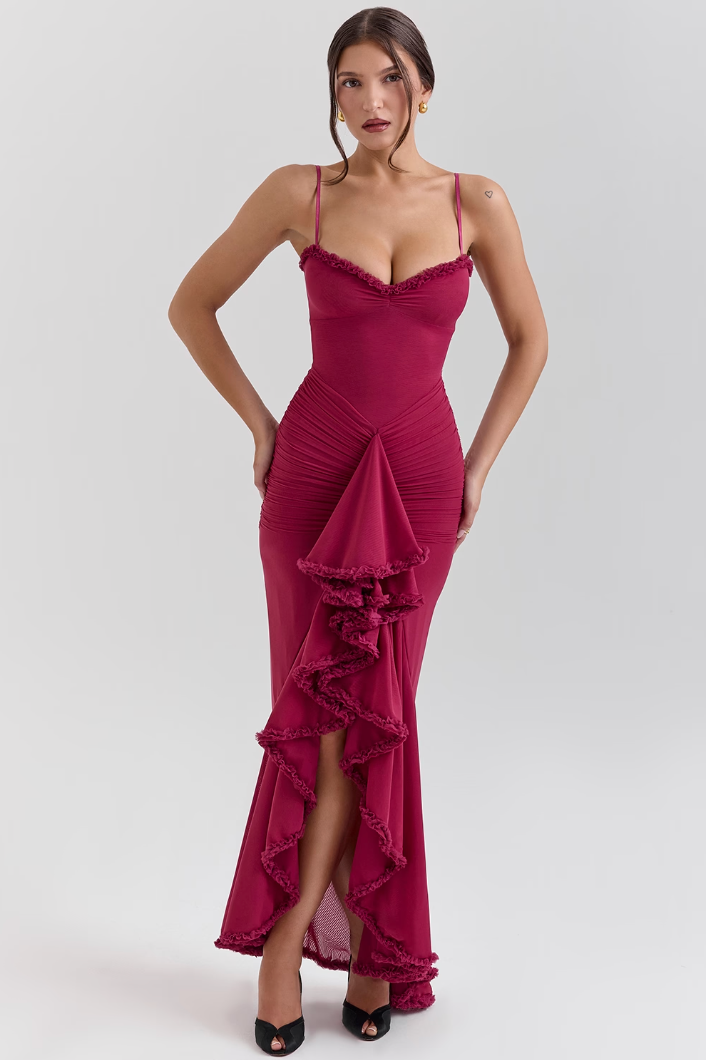 Women ruched maxi dress structured silhouette full length evening dress