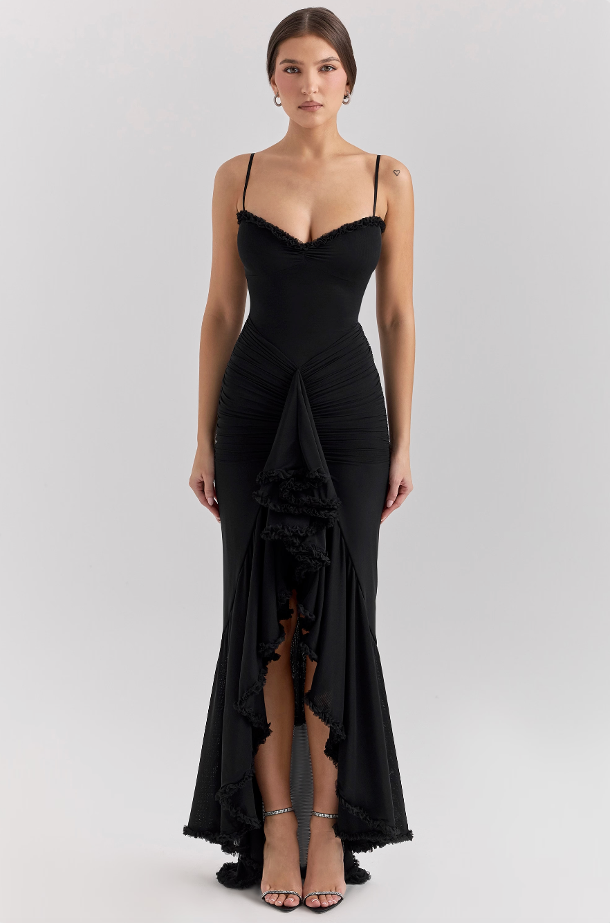 Women ruched maxi dress structured silhouette full length evening dress