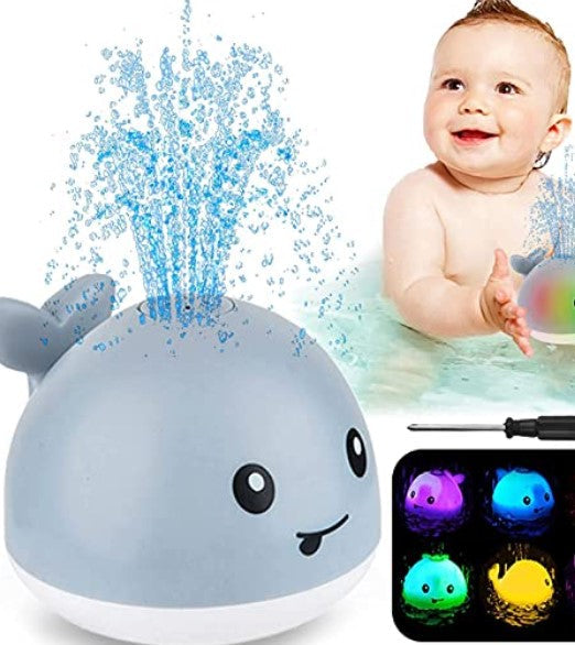 Baby bath toy whale water sprayer with colorful LED lights, safe for toddlers aged 2+