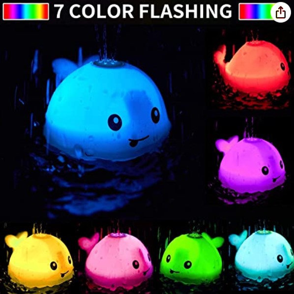 Baby bath toy whale water sprayer with colorful LED lights, safe for toddlers aged 2+