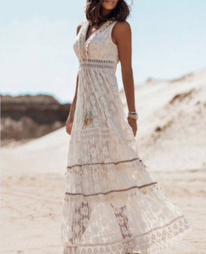 Women lace detail fitted dress with asymmetric hem in beige and white