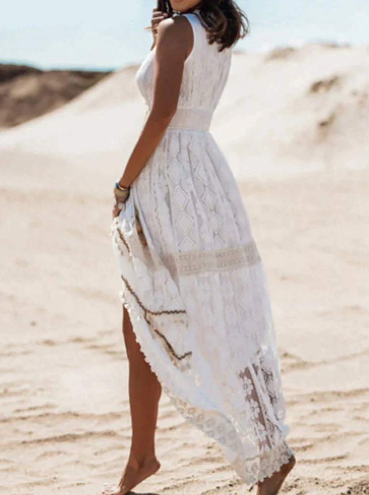 Women lace detail fitted dress with asymmetric hem in beige and white