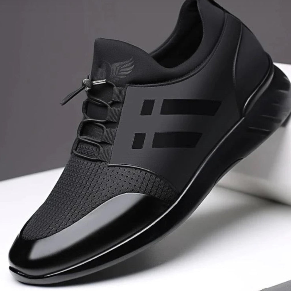 Men's black leather slip-on shoes with orthopedic cushioned insole