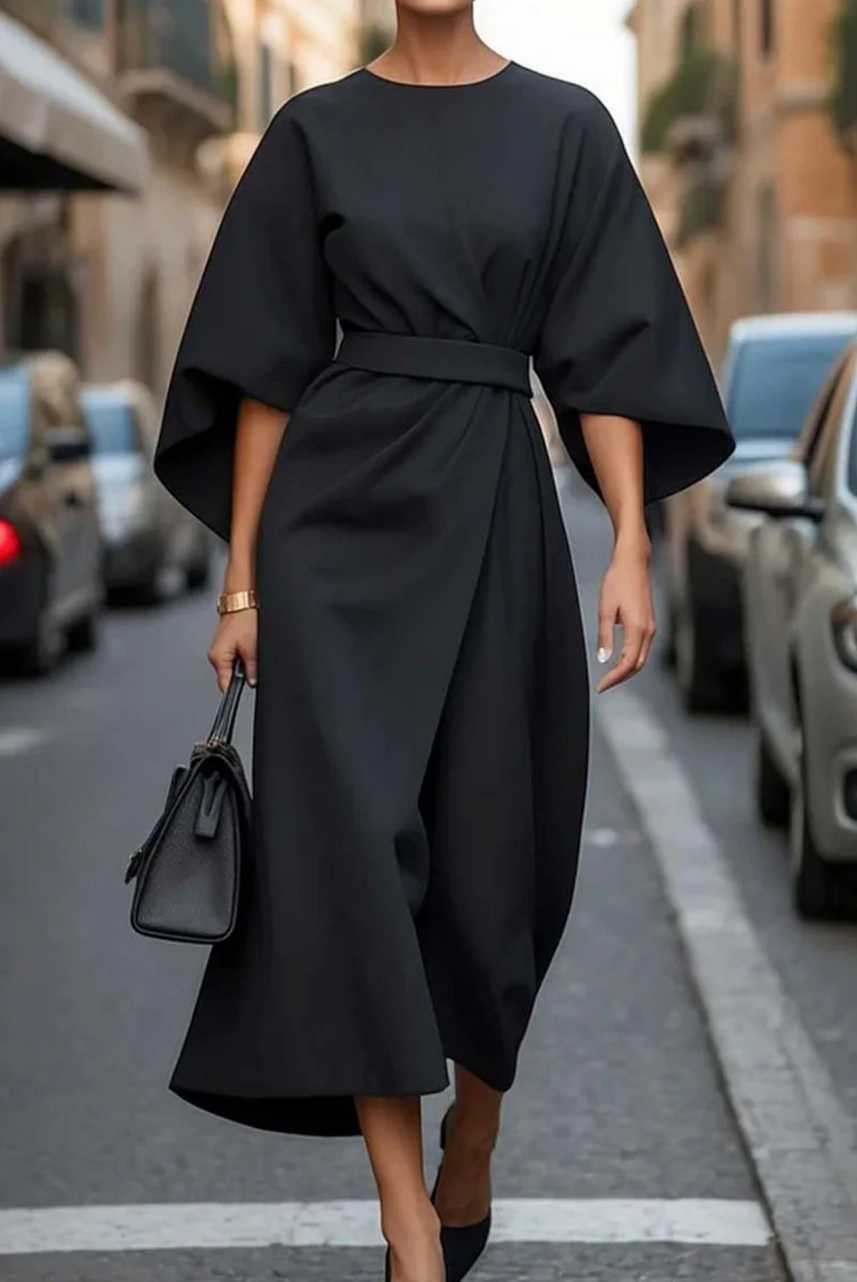 Women's flowy dress with lantern sleeves and adjustable waist tie, feminine fit
