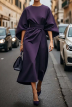 Women's flowy dress with lantern sleeves and adjustable waist tie, feminine fit
