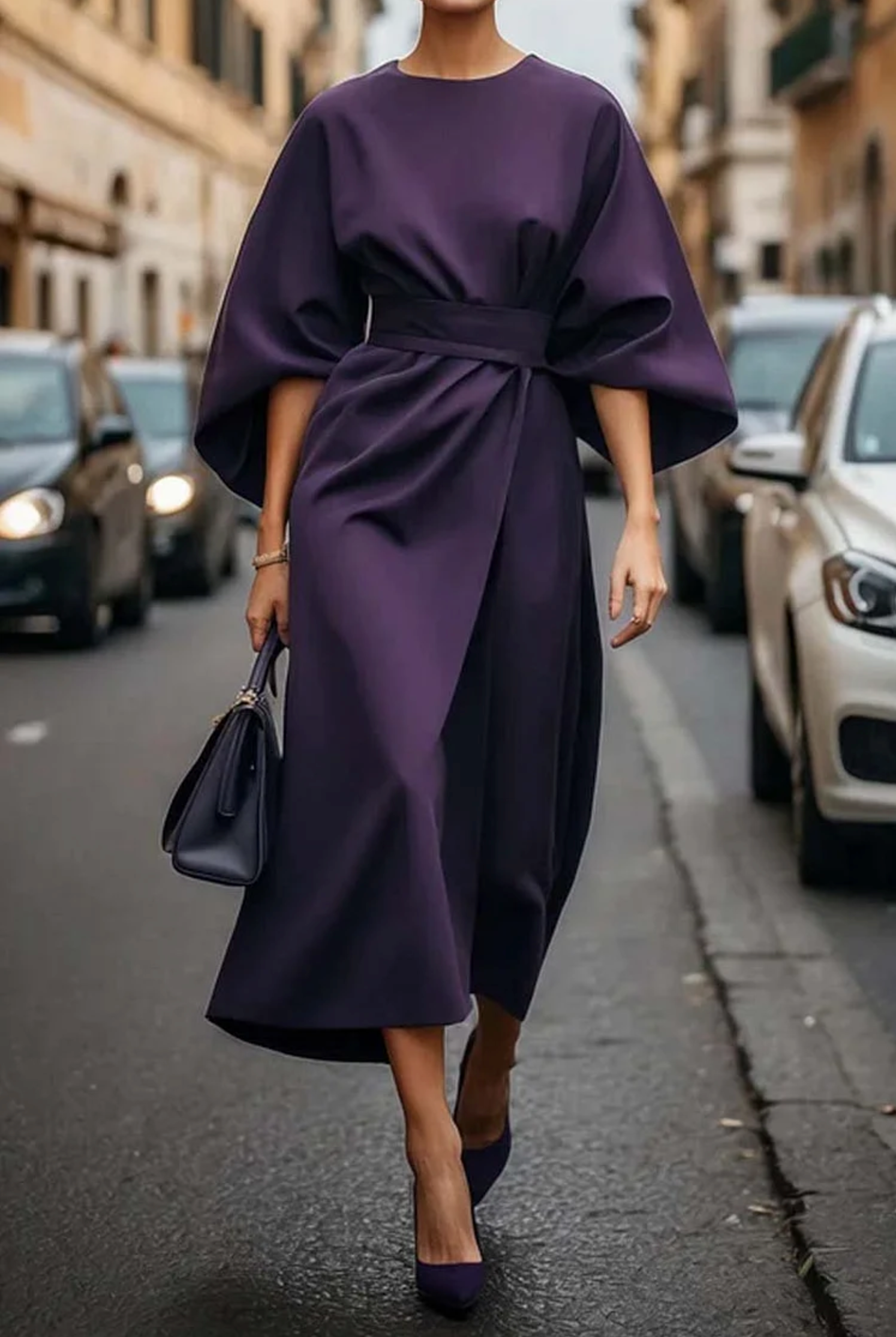 Women's flowy dress with lantern sleeves and adjustable waist tie, feminine fit