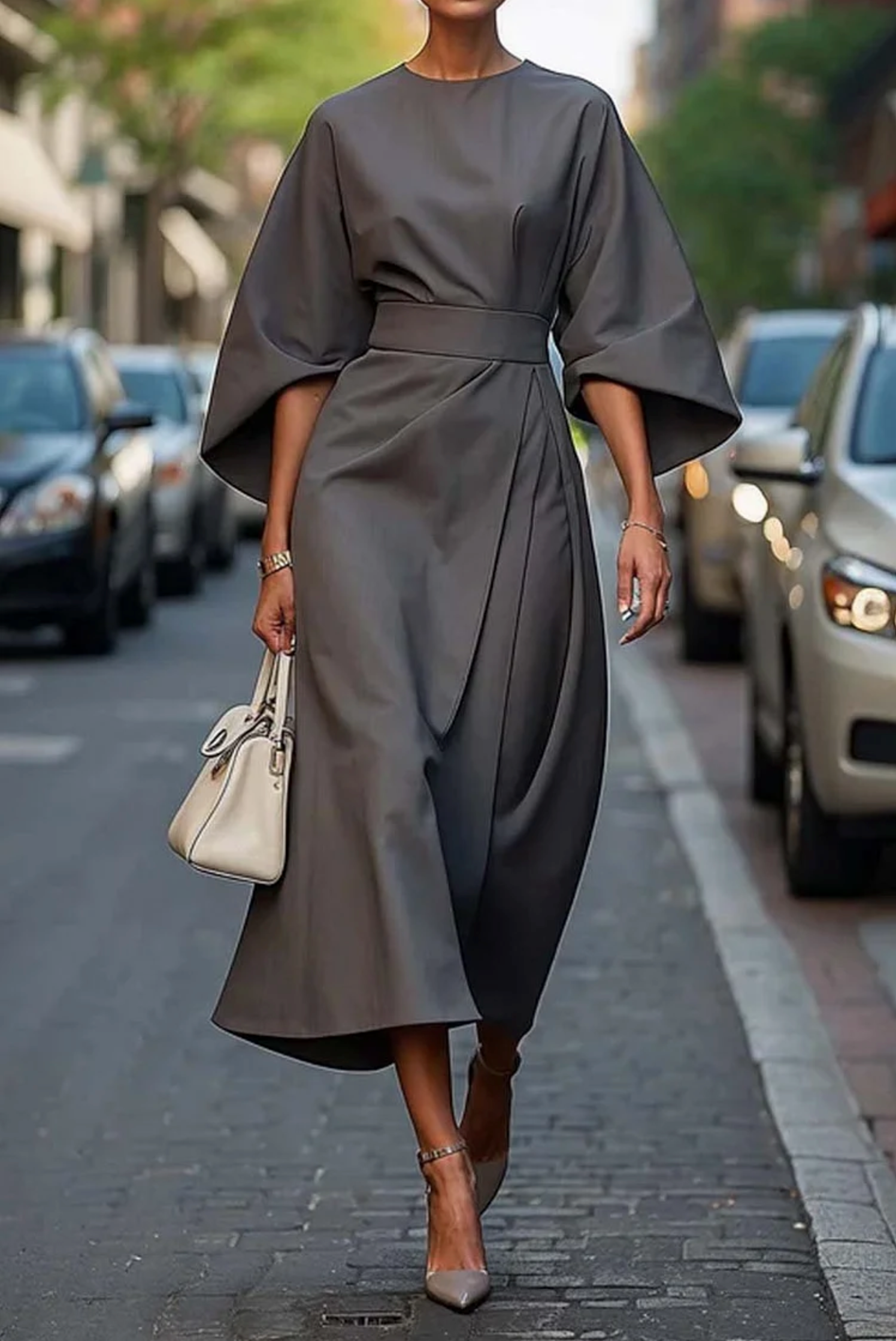 Women's flowy dress with lantern sleeves and adjustable waist tie, feminine fit