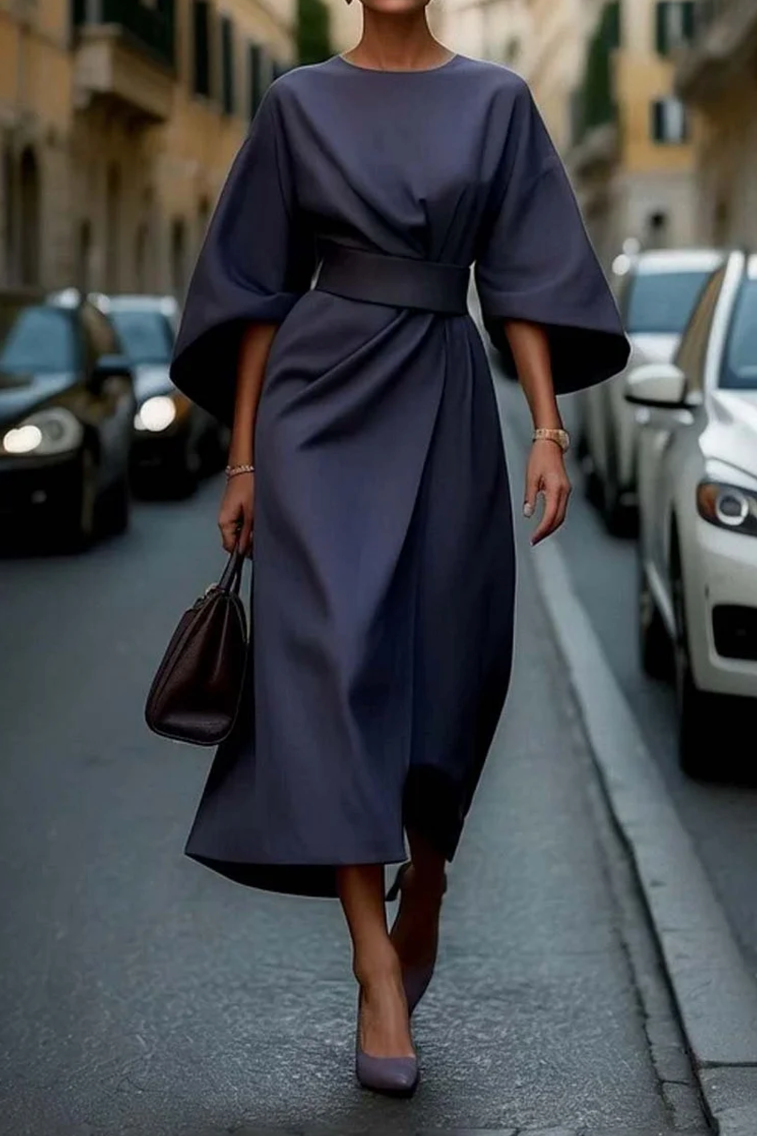 Women's flowy dress with lantern sleeves and adjustable waist tie, feminine fit
