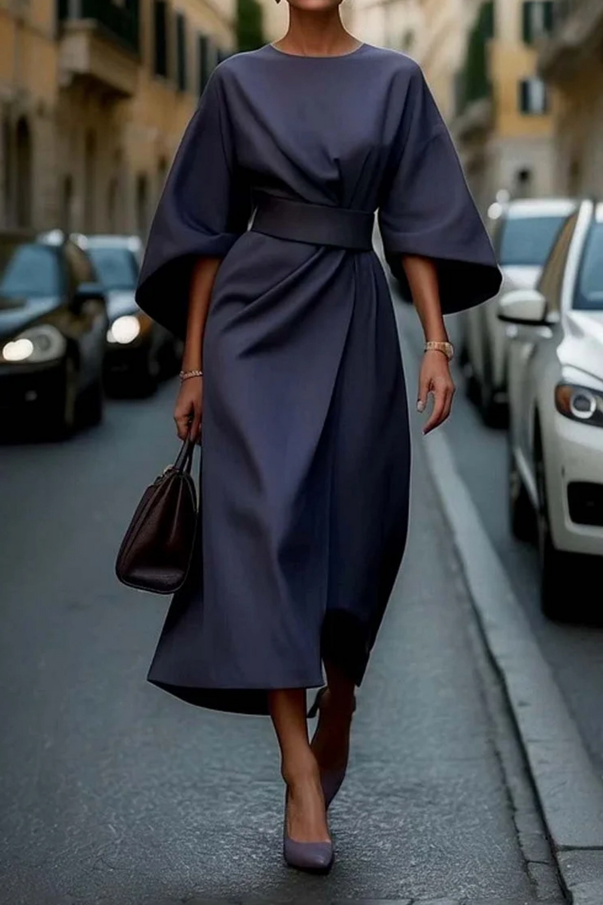 Women's midi dress with belted waist, versatile flared silhouette for everyday and occasions