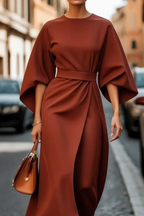 Women's flowy dress with lantern sleeves and adjustable waist tie, feminine fit