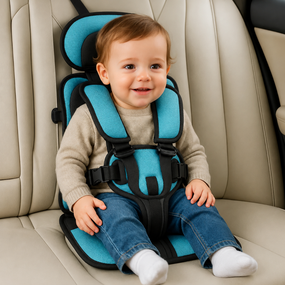 Portable child car seat with 5-point harness, foldable and lightweight for travel