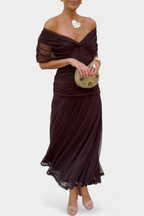 Women's floral midi dress with V-neckline and pleated waist, elegant long flowing skirt