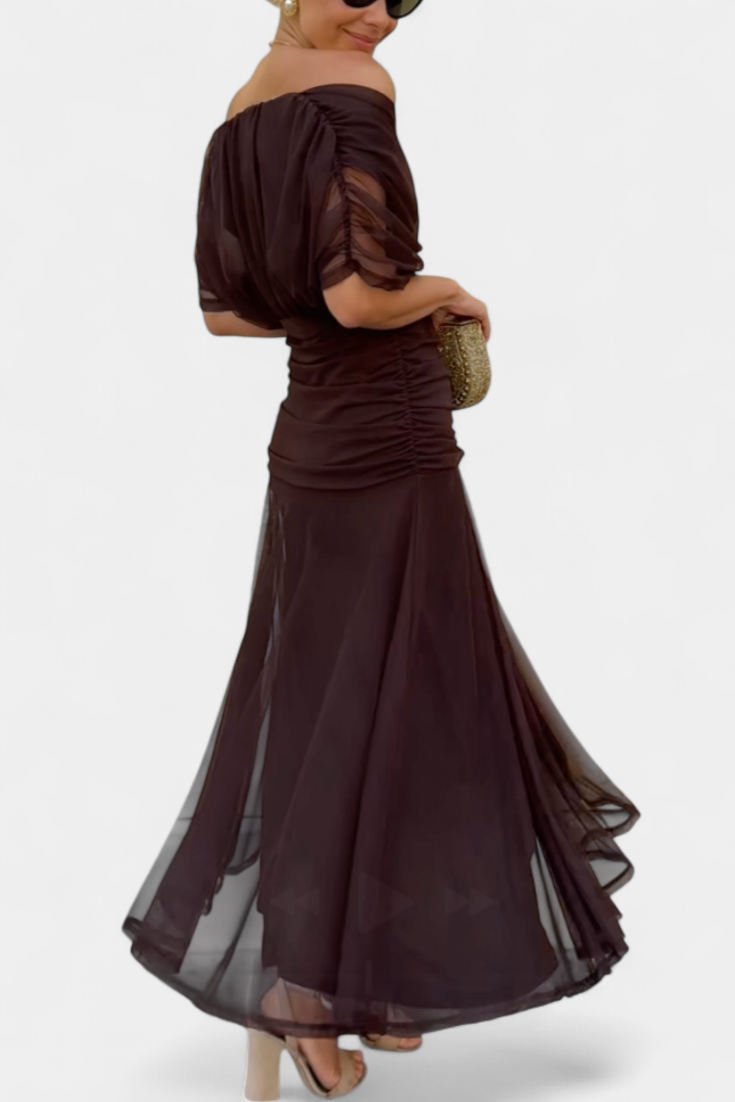 Women's floral midi dress with V-neckline and pleated waist, elegant long flowing skirt